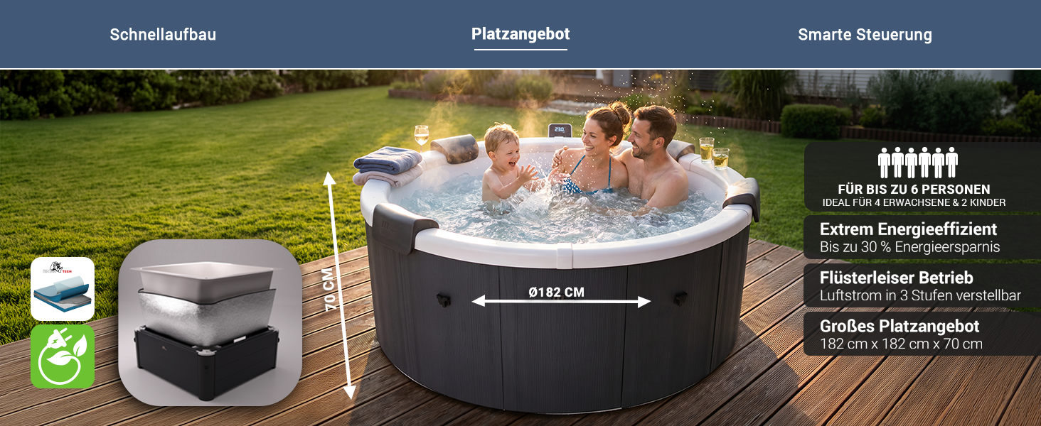 Familie entspannt im MSpa Frame Denver Whirlpool auf einer Gartenterrasse. Der Festwand-Whirlpool bietet mit einem Durchmesser von 182 cm und 70 cm H&ouml;he Platz f&uuml;r bis zu 6 Personen und &uuml;berzeugt durch energieeffiziente Isolierung sowie fl&uuml;sterleisen Betrieb.